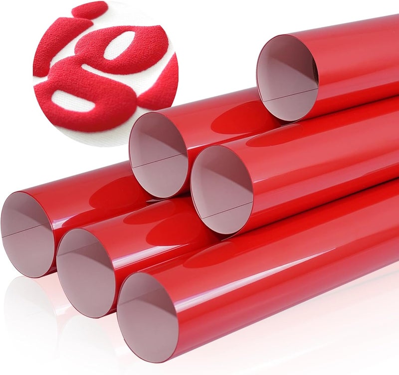 HTVJOYDO 6Pcs Puff Vinyl Heat Transfer, 12x10Inch Red 3D Puff HTV, DIY Iron-on Vinyl for T-Shirts, Easy to Cut and Weed, Compatible with Cricut or Cameo (6 Red Puff) - Image 1